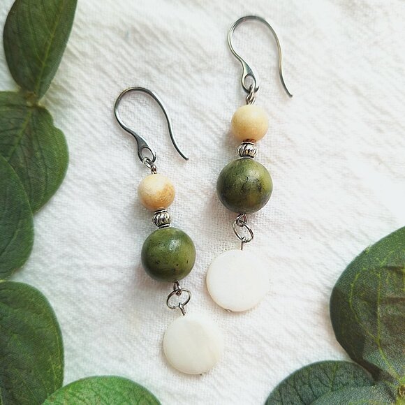 Elegant Jade & Mother of Pearl Earrings, Coastal-Inspired Boho Earrings, Formal - Picture 1 of 7